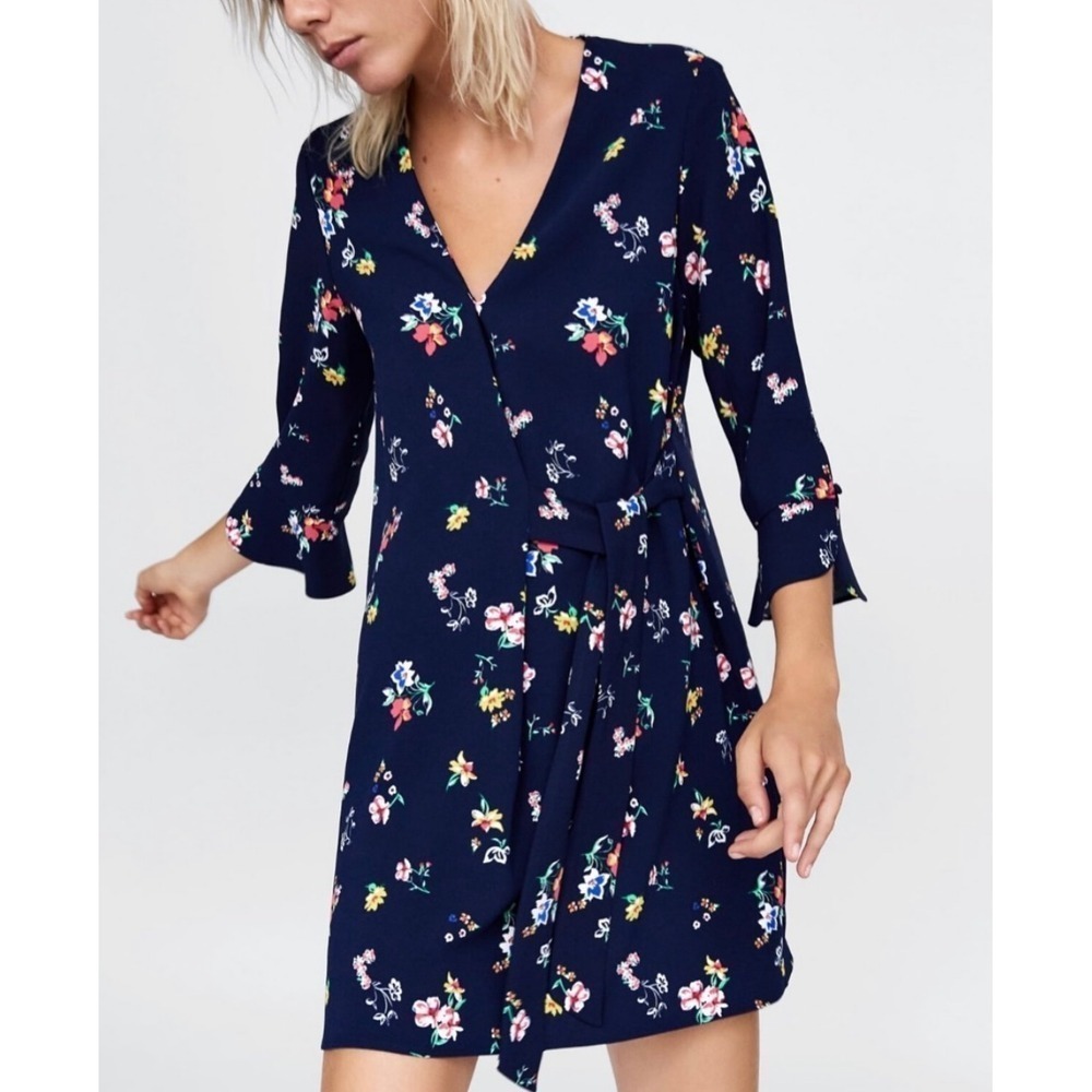 Zara Basics Faux Wrap Long Sleeve Navy Floral Dress Size Large Side Tie